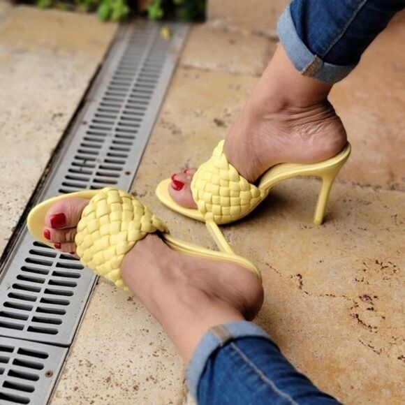 Shoes - Women's High Heel Mule Sandals Yellow Color